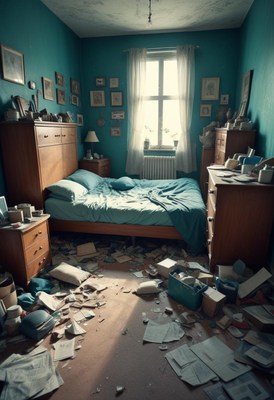 Messy bedroom with sunlight