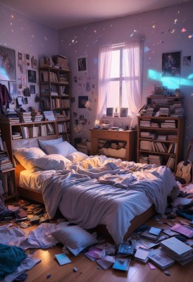 Messy bedroom with bookshelves and window