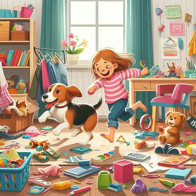 Girl and dog playing in messy room
