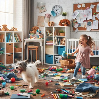 Playful child and dog in messy room