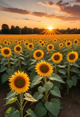 Sunset over sunflower field