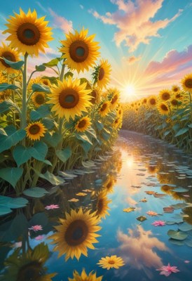 Sunflowers reflecting in sunset stream