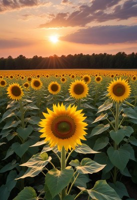 Sunset over sunflower field