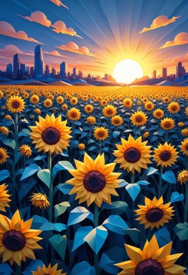 Sunflower field sunrise over city