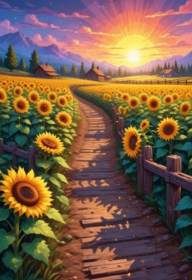 Sunset path through sunflower field