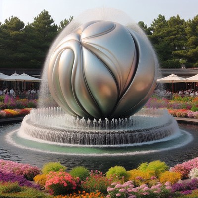 Silver sphere fountain in garden