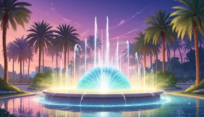 Palm tree fountain at sunset