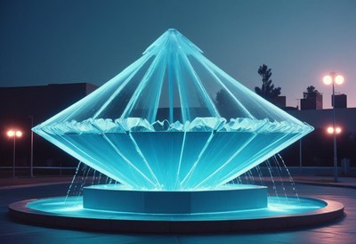 Diamond-shaped fountain at night