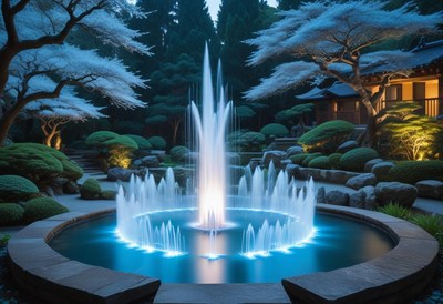 Illuminated fountain in garden at night