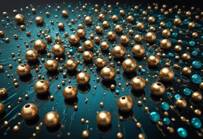 Gold beads on teal surface