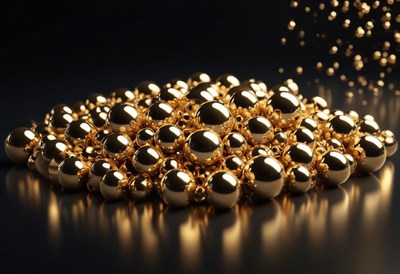 Golden spheres falling on black surface