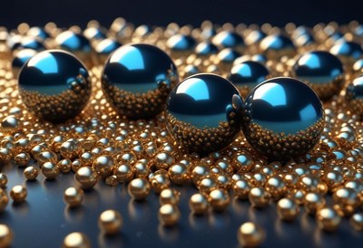 Blue and gold spheres on dark background