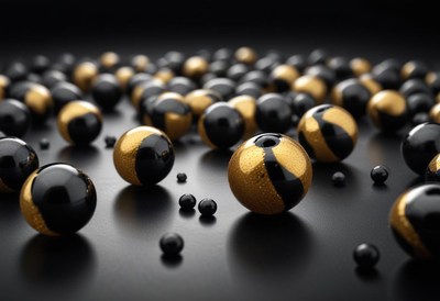 Black and gold spheres on a dark surface