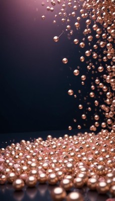 Copper spheres falling on dark background