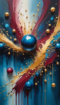 Abstract painting with gold and blue spheres