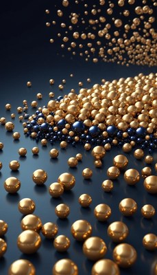 Golden spheres falling on blue surface