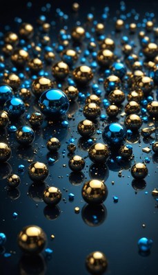 Blue and gold spheres on a dark surface