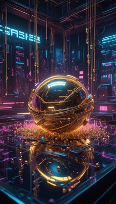 Golden sphere in futuristic cityscape