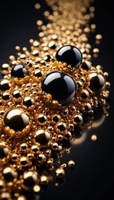 Golden and black spheres on black background