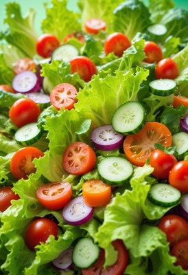 Fresh green salad with tomatoes, cucumbers, and red onion