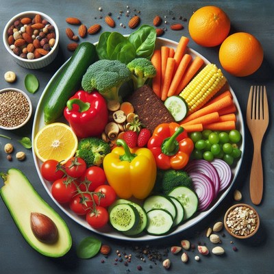 Colorful veggie platter with bread and nuts