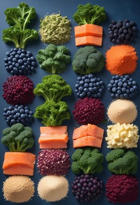 Colorful food arrangement on blue background