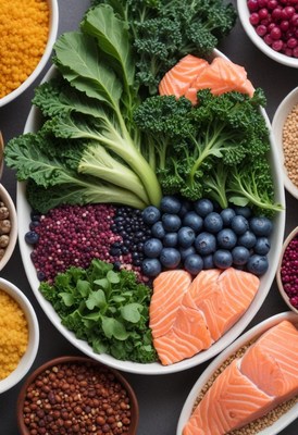 Healthy food bowl with salmon, berries, and greens