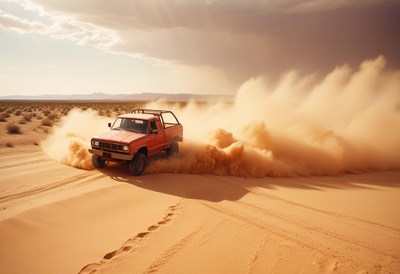 Truck driving through desert sand