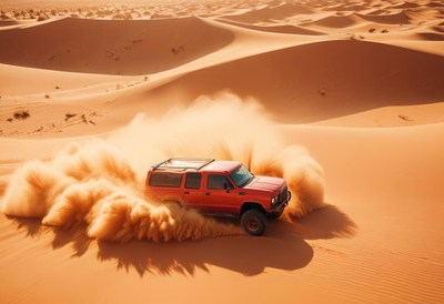 Red 4x4 driving through desert dunes