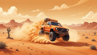 Off-road truck in desert landscape