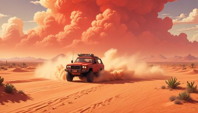 Off-road vehicle in desert at sunset
