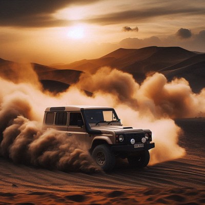 Off-road vehicle driving through desert dust