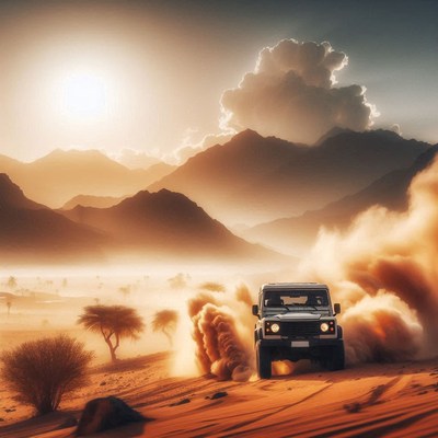 Off-road vehicle in desert landscape