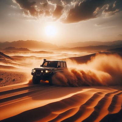 Desert suv driving at sunset