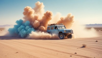 Off-road vehicle driving through dust cloud
