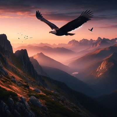 Eagle soaring over mountains at sunset