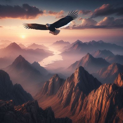 Eagle soaring over mountain range at sunset