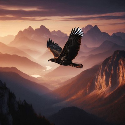 Eagle soaring over mountain range at sunset