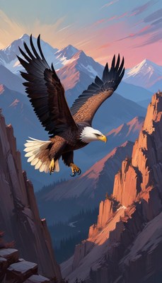 Eagle soaring over mountain range at sunset