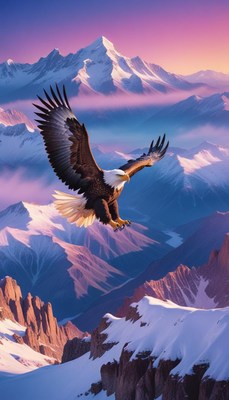 Eagle soaring over snowy mountains