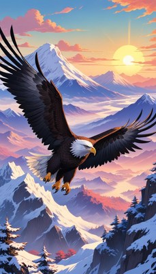 Eagle soaring over snowy mountains at sunset
