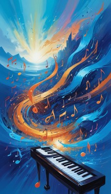 Piano keys and music notes at sunset