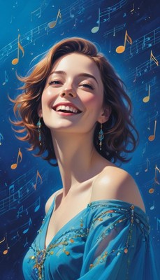 Woman smiling with music notes