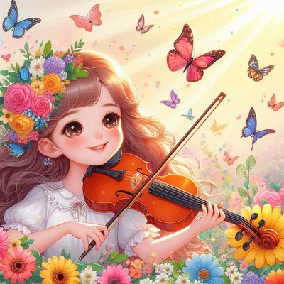 Girl playing violin in flower field