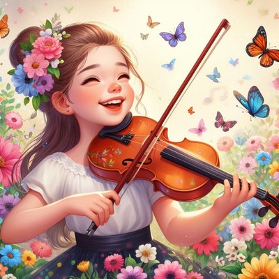 Girl playing violin in flower field