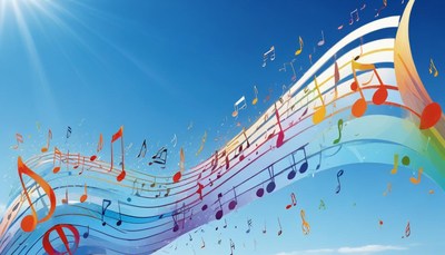 Colorful music notes in blue sky