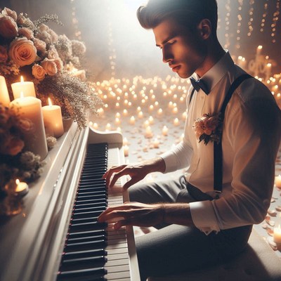 Man playing piano in candlelit room