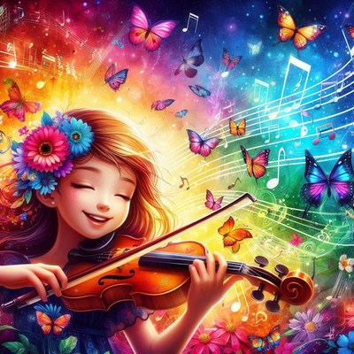Girl playing violin surrounded by butterflies