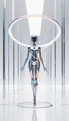 Silver robot walking through white columns