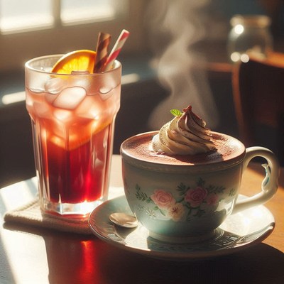 Iced tea and hot chocolate on table
